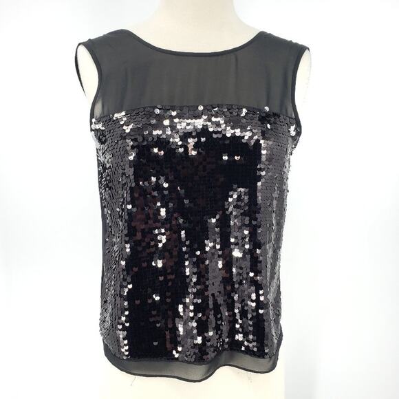 BCBGMaxAzria Silk Chiffon Drape Open Back Sequined Tank Top - Picture 2 of 6